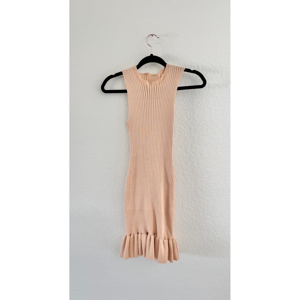 Knit Mini Dress Women Small Peach Ribbed Ruffle Hem Sleeveless Crew Neck